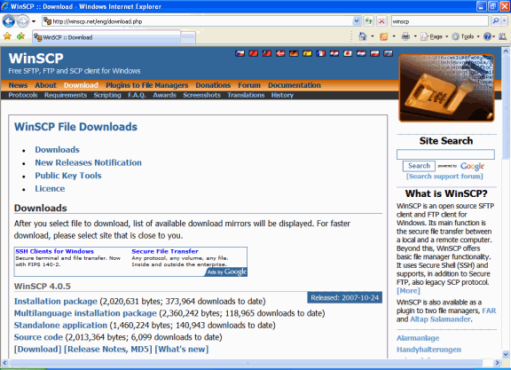 Screenshot of WinSCP downloads page