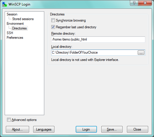 WinSCP Login Window for Environment